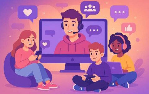 Illustration junger Menschen, die über Gaming, Chat und soziale Plattformen miteinander verbunden sind – Sinnbild für Online-Communitys